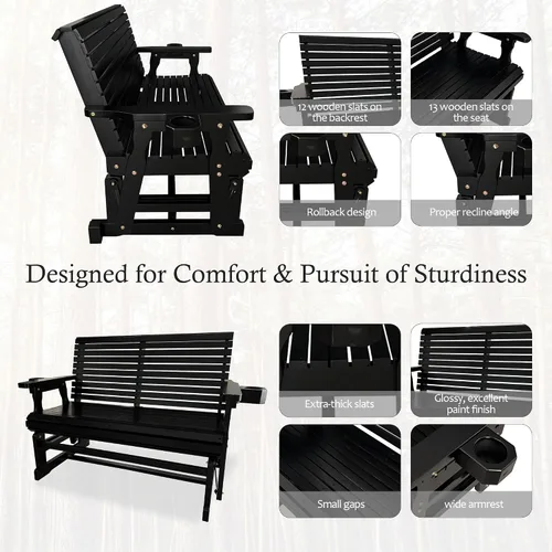 Vista 5 de Hamaca de patio Fortune Candy con portavasos, alta parte posterior enrollada y asiento perfilado profundo, resistente de 800 libras (Negro, 2 plazas)