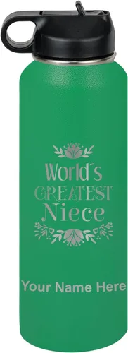 Vista 55 de LaserGram Botella de agua con tapa abatible de doble pared de 12 onzas con pajilla, sobrina más grande del mundo, grabado personalizado incluido