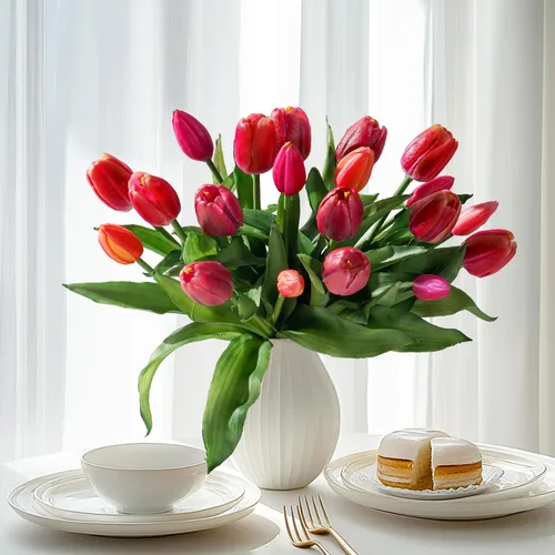 Vista 12 de Bailikang 20 piezas de tulipanes artificiales, flores de seda de tulipanes falsos, ramo artificial de PU, flores artificiales de imitación con caja