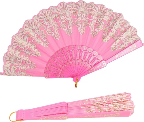 Vista 14 de INNOLIFE Abanico de mano plegable español con patrón retro para mujeres, abanico plegable chino de mano para fiestas, baile, bodas y decoración
