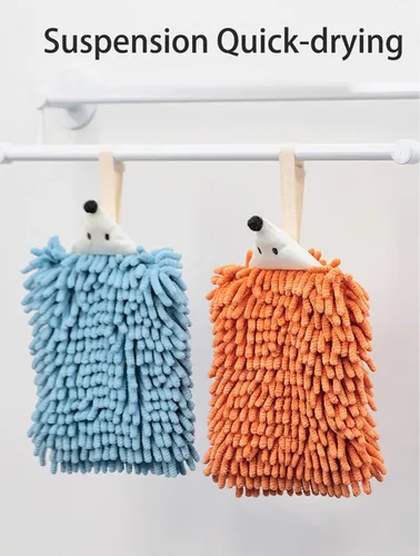 Vista 2 de Paquete de 2 toallas de mano de chenilla de animales lindos, toalla de mano con lazo de bola mullida, toallas de mano colgantes para baño, cocina