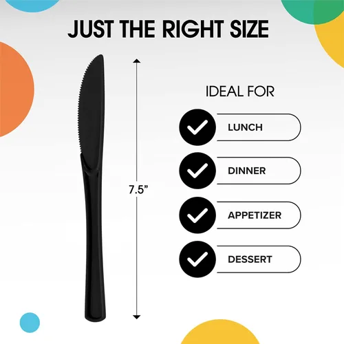 Vista 2 de Party Solids - Cuchillos de plástico negro, 200 piezas, cuchillos negros, utensilios desechables, juego de cubiertos de plástico resistente