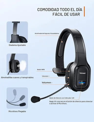 Vista 4 de TECKNET Auriculares Bluetooth Trucker, micrófono con cancelación de ruido Negro