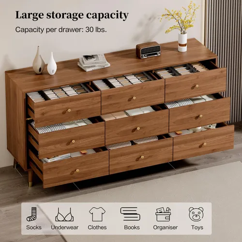 Vista 3 de Chrangmay Cómoda de 9 cajones, cómoda moderna de mediados de siglo de 63 pulgadas de ancho, cómoda de madera con 9 cajones de almacenamiento