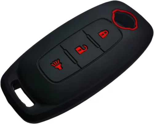 Vista 3 de Funda de silicona para llavero sin llave, compatible con Nissan Pathfinder Rogue 2023 2024 - 3 botones (negro con rojo/blanco)
