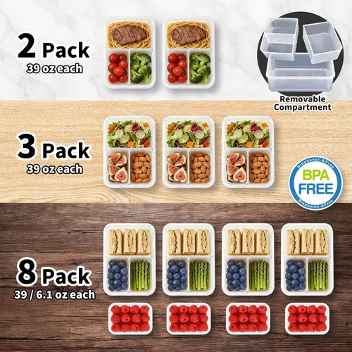Vista 6 de KIGI Juego de recipientes para almuerzo con recipientes pequeños, almacenamiento de alimentos de 3 compartimentos para preparación de comidas