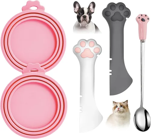Vista 13 de Juego de 5 tapas y cucharas para latas de comida para mascotas, fundas de silicona para latas de comida para perros y gatos 2 lids fit most cans