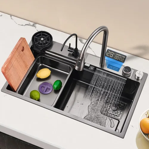Vista 2 de Fregadero de cocina nano negro y gris 304 de acero inoxidable 304, fregadero de cocina con estación de trabajo de un solo tazón, fregadero de cocina