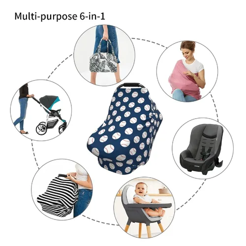 Vista 5 de Funda de asiento de coche de béisbol azul para bebé, fundas de lactancia materna, funda multiusos para asiento de automóvil, cubierta de cochecito