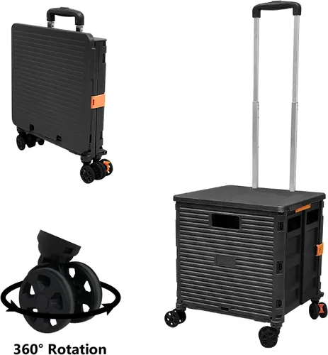 Vista 8 de Carrito plegable portátil con ruedas para compras, 4 ruedas giratorias con mango telescópico de plástico duradero y resistente, para viajes