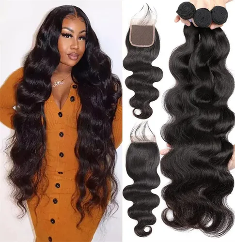 Vista 11 de Paquetes de Ondas Corporales con Cierre para Mujeres Negras (10 12 14+10) 100% Cabello Humano Brasileño de Ondas Corporales Sin Procesar 3 Paquetes
