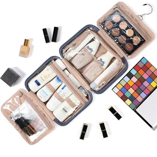 Vista 6 de NISHEL Neceser de viaje para mujer, organizador de artículos esenciales de maquillaje, estuche colgante para accesorios, cosméticos, Egeo-azul, M