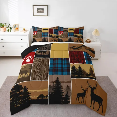Vista 53 de Juego de edredón de cabaña rústica navideña, juego de ropa de cama estilo rústico con diseño de osos y ciervos, tamaño completo, patchwork Multi 08