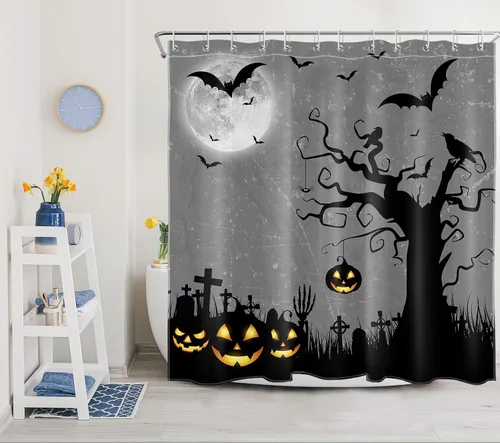 Vista 15 de LB Halloween Shower Curtain Horror Pumpkin Lights with Dead Tree Bat Crow on Blue Background Bathroom Shower Curtain Full Moon Bathroom Decor with