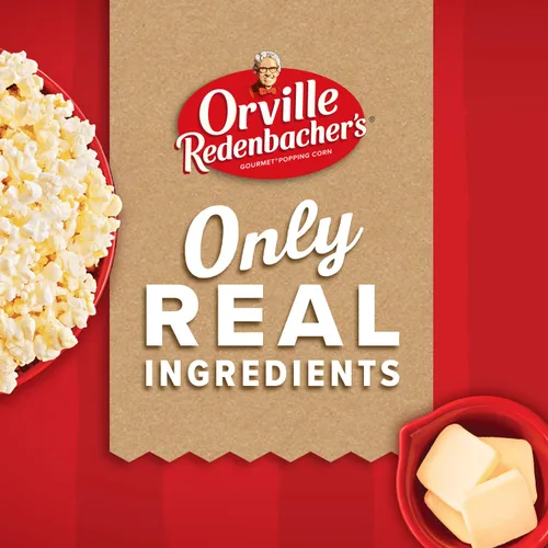 Vista 2 de Orville Redenbacher's Palomitas de maíz para microondas + tina, sabor a mantequilla de cine, 0.07 oz de fibra por porción, 3.9 oz.