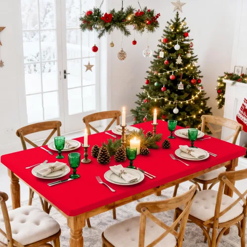 Vista 7 de Smiry Mantel rectangular, mantel de vinilo elástico ajustable con parte trasera de franela para mesas plegables de 6 pies, fundas impermeables y Rojo