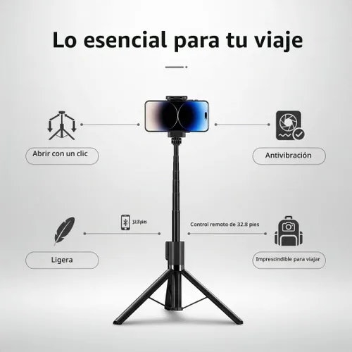 Vista 2 de Trípode selfie stick de 70 pulgadas para iPhone/Android, trípode extensible para teléfono con luz de relleno, control remoto Bluetooth de 32.8 ft