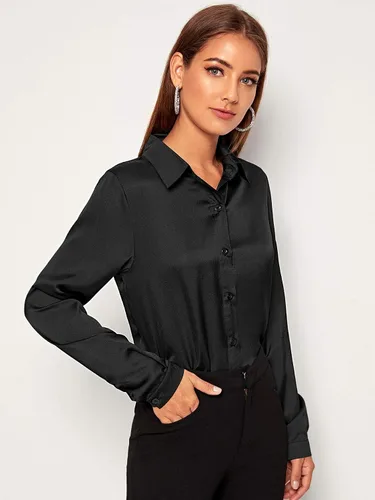 Vista 4 de Floerns Blusa de oficina de satén y seda para mujer blusa de manga larga con botones
