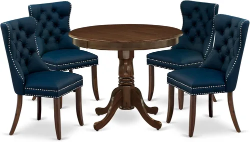 Vista 22 de East West Furniture ANDA5-AWA-12 - Juego de mesa de cocina de 5 piezas, incluye una mesa de comedor redonda con pedestal y 4 sillas Parson tapizadas