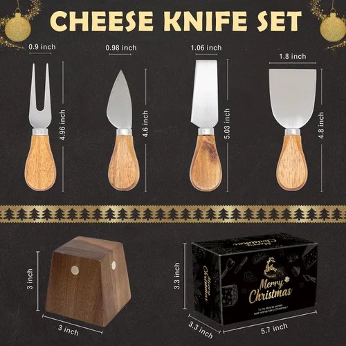 Vista 4 de Juego de cuchillos de queso para embutidos – 4 cuchillos de queso pequeños de acero inoxidable y tenedor con soporte magnético de madera de acacia