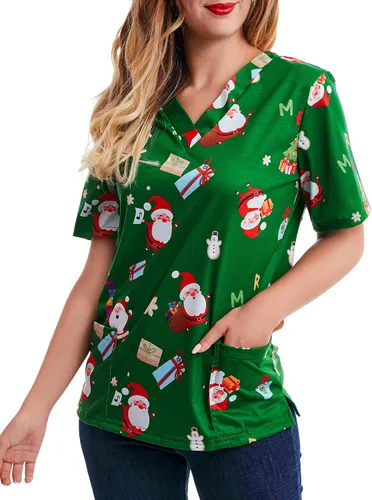 Vista 3 de Camiseta de manga corta con cuello en V para mujer, diseño de Navidad, color verde Navidad