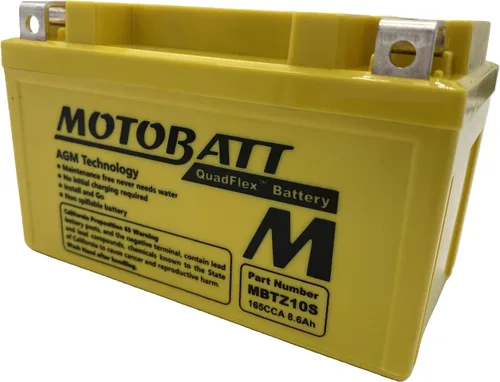 Vista 2 de MotoBatt MBTZ10S (12 V 8.6 Amp) 165CCA activada de fábrica QuadFlex AGM batería sustituye a YTX7A-BS, YTZ10S, ETZ10S, PC310