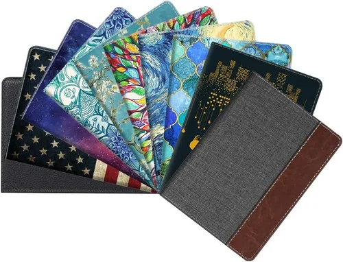 Vista 2 de Fintie - Funda para tarjetas y pasaporte de piel sintética bloqueo RFID cartera de viajes mezclilla carbónmarrón