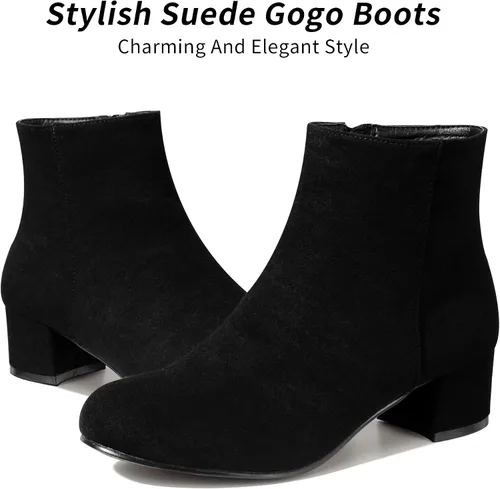 Vista 2 de CAMSSOO Botas de tobillo Gogo cortas de gamuza para mujer, botas de tacón bajo y medio, botas con cremallera lateral