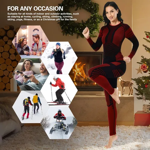 Vista 6 de Conjunto de ropa interior térmica para mujer, pantalones largos de invierno, capa base cálida, conjunto superior e inferior para esquiar
