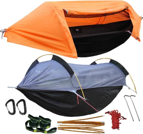 Vista 7 de WintMing - Hamaca con mosquitera y cubierta para moscas de lluvia, 3 en 1, hamaca de campamento, 440 libras de carga