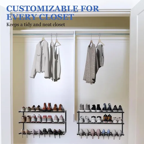 Vista 5 de Zapatero para montar en la pared, zapatero colgante de 3 niveles con capacidad para 12 pares, organizador de zapatos de metal resistente ajustable