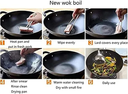 Vista 2 de PROPFE Auténtico wok chino - Sartén para freír de hierro fundido pre-sazonado con dos asas integrales 2023, 14.2 in/14.1 pulgadas