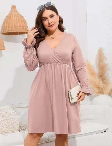 Vista 5 de ShopWonder Vestido de talla grande para mujer, con cuello en V, acampanado, largo hasta la rodilla, vestido de fiesta, minivestido de fiesta