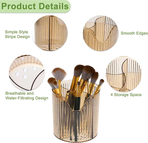 Vista 3 de VOCOSTE Taza para brochas de maquillaje, organizador de maquillaje, soporte para brochas de maquillaje de 4 ranuras, taza de almacenamiento de Marrón