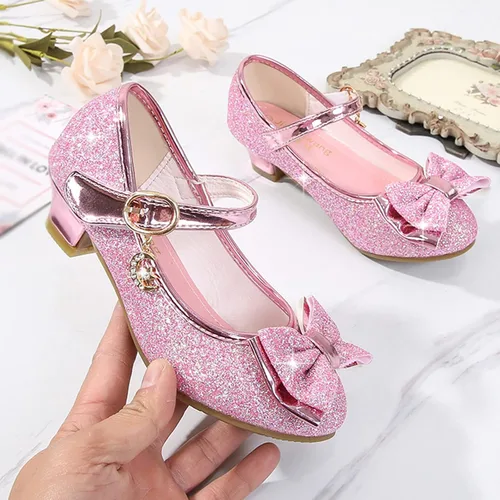 Vista 4 de Zapatos de vestir para niñas con lazo de princesa y tacón alto Mary Jane con purpurina, para fiesta de boda para niños pequeñosgrandes