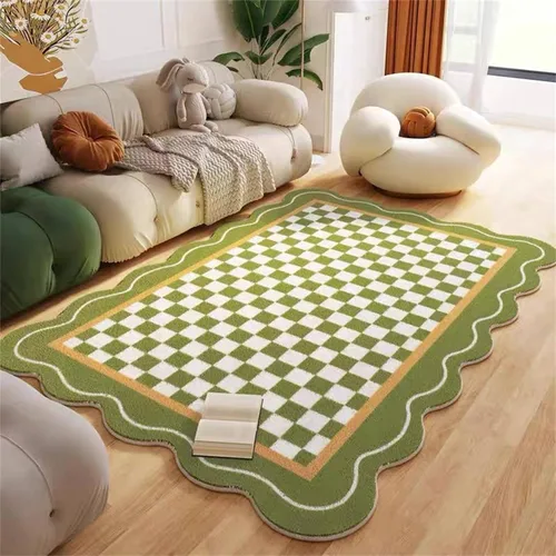 Vista 18 de Alfombra de área irregular morada, una alfombra decorativa moderna y simple impresa con patrones de tablero de ajedrez morado y blanco, tapete
