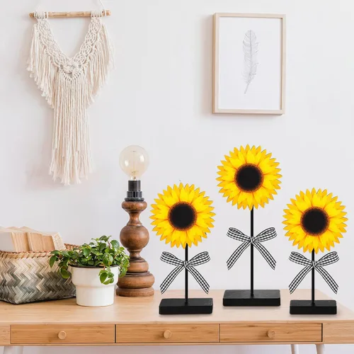 Vista 6 de Geetery 3 piezas de decoración de mesa de verano de madera de girasol, decoración de mesa independiente para el hogar, cocina, mesas rústicas