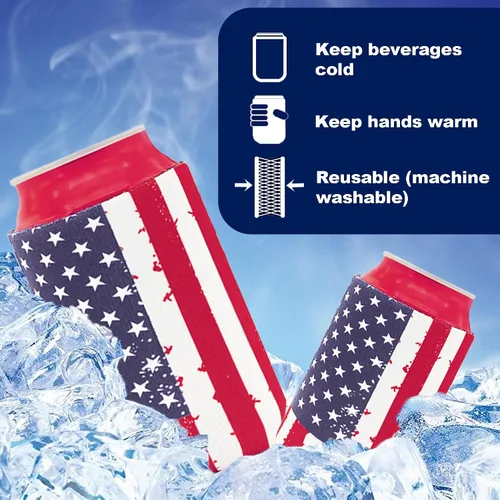 Vista 3 de 12 fundas para enfriar latas con bandera de Estados Unidos, neopreno a granel para latas y botellas, 120z