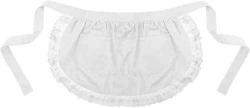 Vista 6 de TopTie Delantal de cintura de algodón con bolsillos para mujer, medio delantal de encaje de cocina para cocinar, disfraz de sirvienta para limpieza