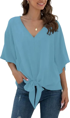 Vista 29 de VIISHOW Womens Tie Front Chiffon Blouses V Neck Batwing Short Sleeve Summer Tops Shirts Albaricoque