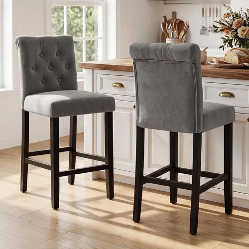 Vista 12 de LSSBOUGHT - Taburetes de barra, 24 pulgadas de altura tapizados con botones y patas de madera sólida, juego de 2 (Beige)