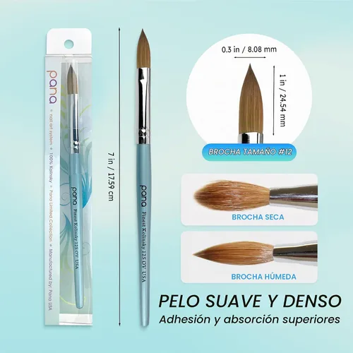Vista 4 de Cepillo Pana USA para de uñas de acrílico, puro Kolinsky de pelo ovalado, forma prensada Verde azulado