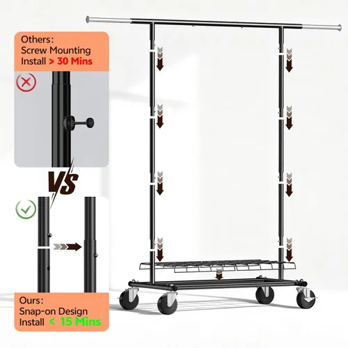 Vista 4 de Perchero resistente – Carga de 500 libras, perchero con ruedas y estantes con cerradura, estante extensible para dormitorio, lavandería, sala