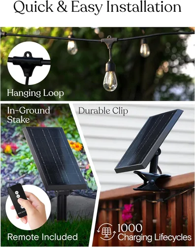 Vista 4 de Brightech Ambience Pro – Cadena de luces para exteriores con control remoto a energía solar con bombillas Edison – Luces de patio impermeables LED