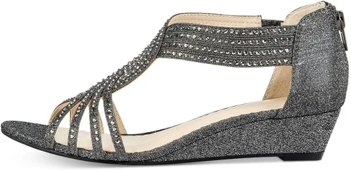 Vista 2 de YDN Sandalias de verano con purpurina para mujer, con diamantes de imitación con punta abierta, correas cruzadas, tacones medios con cremallera