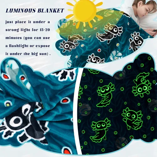 Vista 5 de Manta de Ajolotl para Niños que Brilla en la Oscuridad Manta para Niños Niños Manta de Tiro Regalos de Ajolotl Decoración Animal Salamandra Mantas