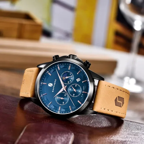 Vista 4 de SAPPHERO Watches for Men Quartz Chronograph 10ATM Waterproof Brown Leather Men's Fashion Business Wrist Watch (Battery is Dead)