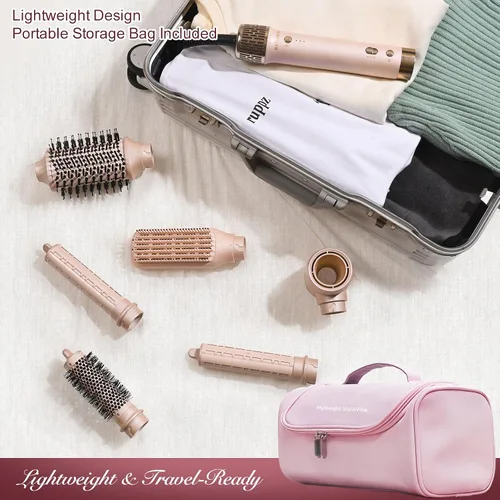 Vista 10 de Mythsight Estilizador de Aire StyleVibe 6 en 1 de Doble Voltaje, Secador de Cabello y Cepillo Secador con Estuche de Viaje - Rizos de Envoltura