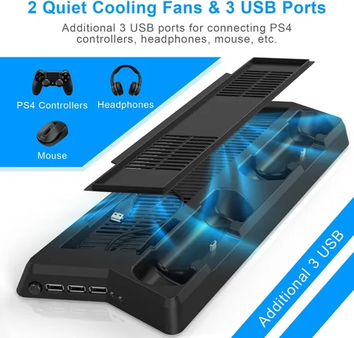 Vista 5 de KEKUCULL Estación de carga de controlador para PS4PS4 SlimPS4 Pro, soporte vertical PS4 con estación de carga de doble controlador, ventilador