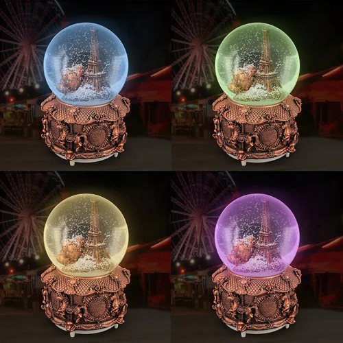 Vista 6 de Globo musical de nieve de París con luces LED que cambian de color, globo de nieve de la torre Eiffel con base Merry-go-Round de 3.937 in, colección